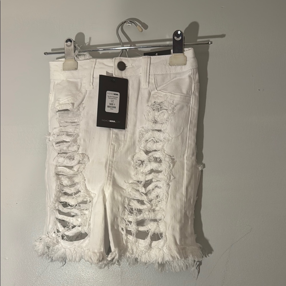 Fashion Nova White Ripped Bermuda Shorts